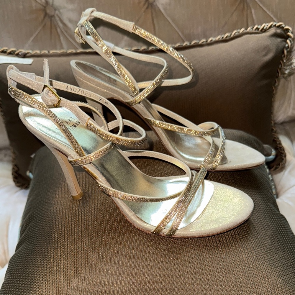 Stuart Weitzman Gold Strappy Heels with Medium Height